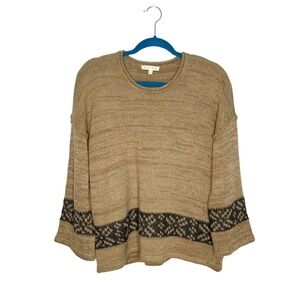 Hem & Thread Tan Knit Gray Fair Isle Stripe 3/4 Length Sleeve Sweater